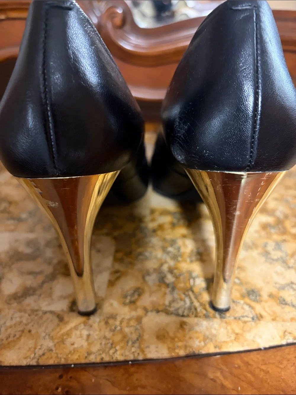 Michael Kors Black Leather Pointed-Toe Pumps with Gold Studs